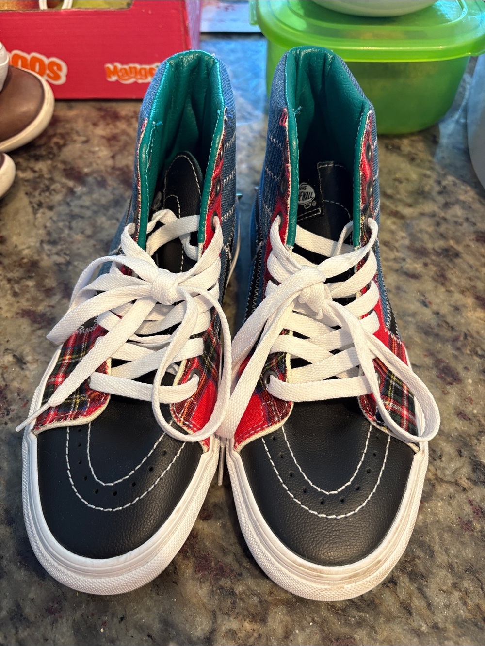 Vans Kids High-Top Sneakers in Black, Red, and Teal Plaid